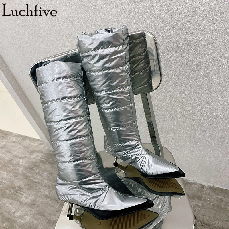 

2018 New Winter Fashion Waterproof mid calf boots silver white slip on Thin Heels Sheepskin down warm Snow Boots Women