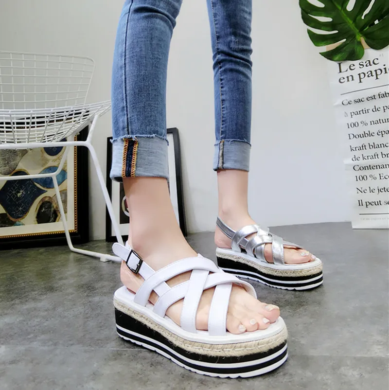 SWYIVY Rome Shoes Sandals Woman European Hemp Sole Summer 2018 Luxury Cross Strap Female Fashion Shoes Muffins Sandals Shoes