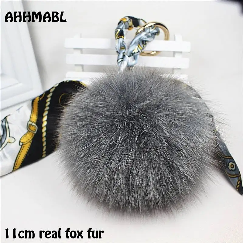 

11cm Big Natural Fox Fur Pom poms Key chain Keychains For Women Scarf Print Silk Bowknot Ribbon Metal Bag Charm Key Holder f274