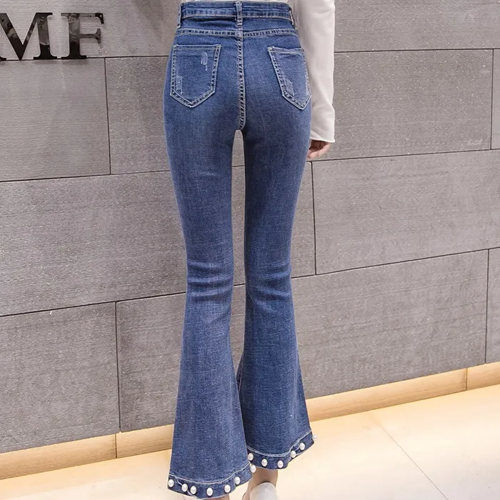 Сплит бусы джинсы с жемчугом расклешенные джинсы с кроем для женщин корейская мода; Слим джинсы женские повседневные рабочие трубы лодыжки джинсовые брюки