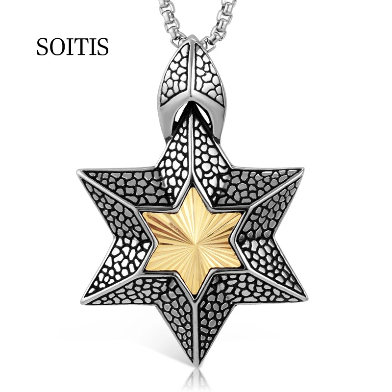 

SOITIS Women Men Hexagonal Star of David Pendant Unique Special Design Jewelry Necklace Stainless Steel Chain Sliver Color
