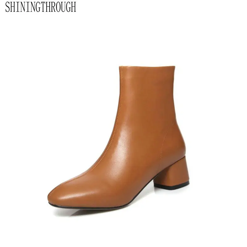 

Genuine Leather Women Square Toe Med Heel Boots Spring Autumn Woemn Shoes Fashion Ankle Zipper Ladies Party Shoes