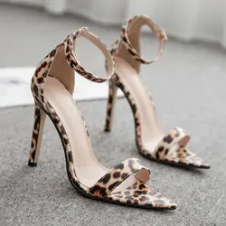 Kmeioo пикантная женская обувь леопардовые сандалии острый носок очень высокий каблук вечерние свадебные туфли-лодочки Ремешок на щиколотке