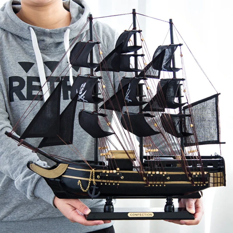 LUCKK 50 см медитерреанская стильная деревянная Статуэтка модель пиратского корабля морская классика деревянные поделки украшение дома морские аксессуары - Цвет: Черный