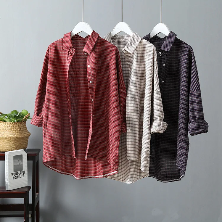  Women Vintage Blouse Plaid Shirts Boho Style OG0698