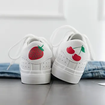

Sneakers Women White Shoes Soft Leather Cute Cherry Strawberry Lace Up Lady Summer Shoes All Match 2019 New Adorable Shoe 35-40