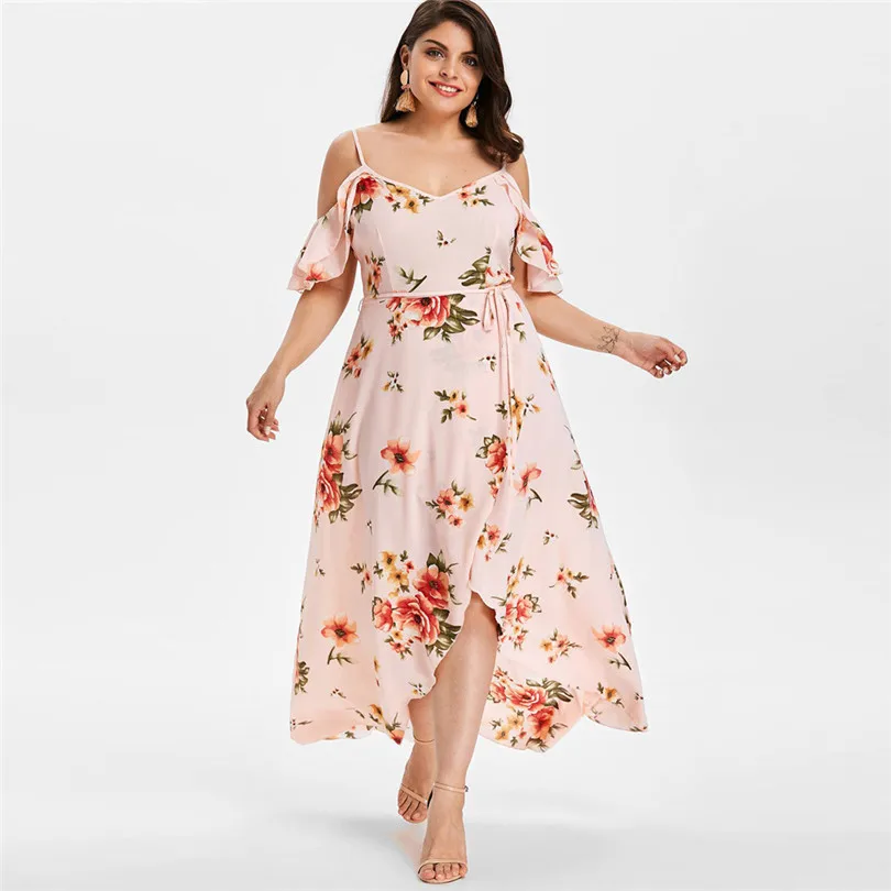   Plus Size Women Summer  Fashion  Casual Short Sleeve Cold Shoulder Boho Party Beach Flower Print Long Dress#4M11 (28)
