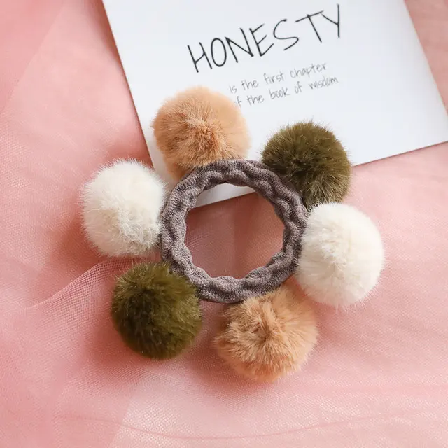 Ruoshui Woman Pompom Hair Ties Girls Elastic Hair Band Rubber Band Hair Accessories Gum Rope Cute Scrunchies Ponytail Holder color 1