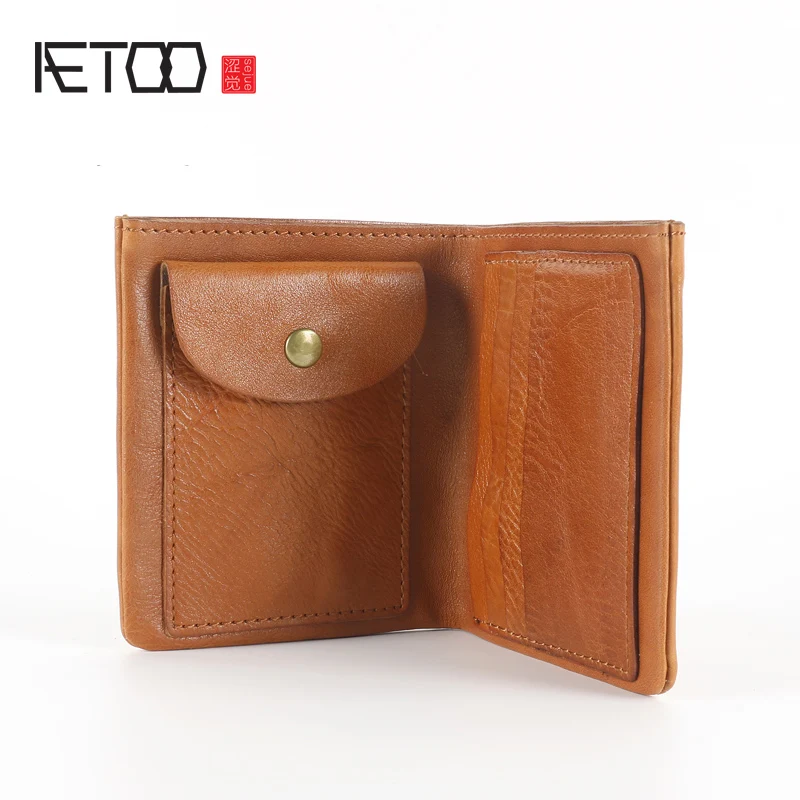

AETOO New wallet retro leather ultra thin men's wallet short head bull wallet handmade vertical youth money Clip
