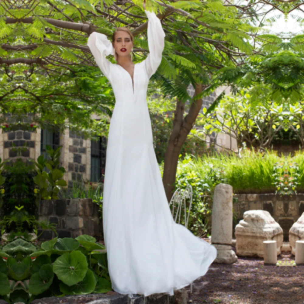 

Sexy Boho Wedding Dress White Beaded Chiffon Long Sleeve Backless Women Mermaid Bohemian Wedding Dresses bridal wedding gown