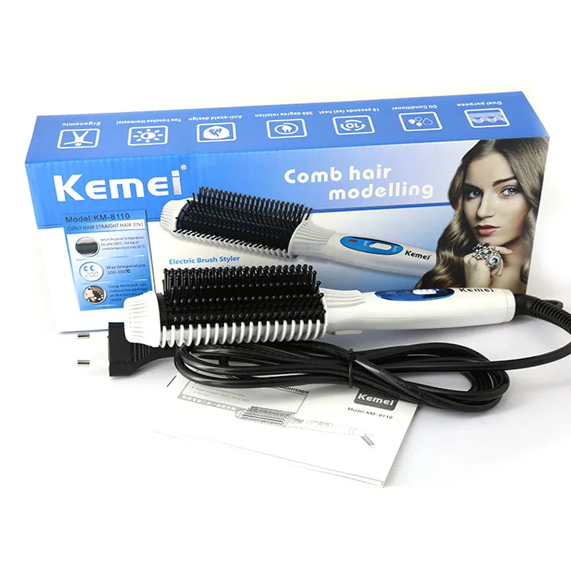 

Kemei Curly Straight Electric Hair Comb Modelling Hairdressing Brush Styling Tools 3 IN1 Professional Iron Curler Hot KM-8110