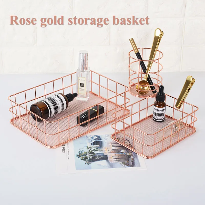 STOOG корзина для хранения, металлический косметический Органайзер, розовое золото, кисти для макияжа, держатель для туалетных принадлежностей, для ванной комнаты, настольная офисная корзина, Органайзер