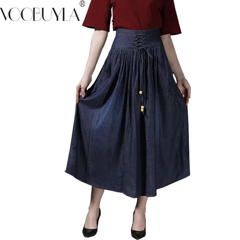 

Voobuyla Women High Waist Denim Skirts Long 2018 Autumn Casual Vintage Maxi Jean Skirt Plus Size S-6XL Tie Spring Skirt Feminina