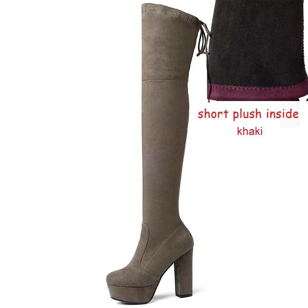 Размеры 34–43 Ботфорты женские ботфорты до бедра из искусственной замши на платформе стрейчевая тонкая стильная женская обувь женские зимние ботинки - Цвет: short plush khaki