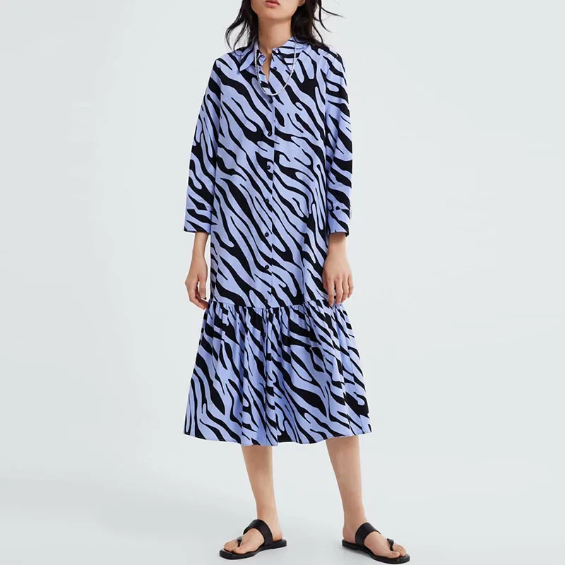 

New Fashion Women Mid Calf Floral Blouse Dress Spring Turn Down Collar Pleated A-line Long Sleeve Shirt Dress Casual XZ1938