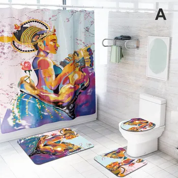 

Newly Men Women 1pcs Shower Curtain with 3pcs Ground Mat Set Vintage Print Bathroom Articles MK