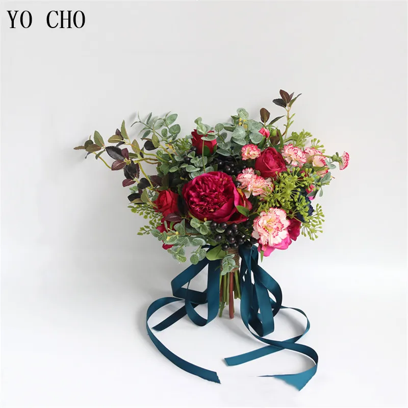 Йо Чо модные невесты ручной цветы красивый пион Свадебные букеты Искусственные розовые шелковые цветы самодельный букет белый пион красная роза