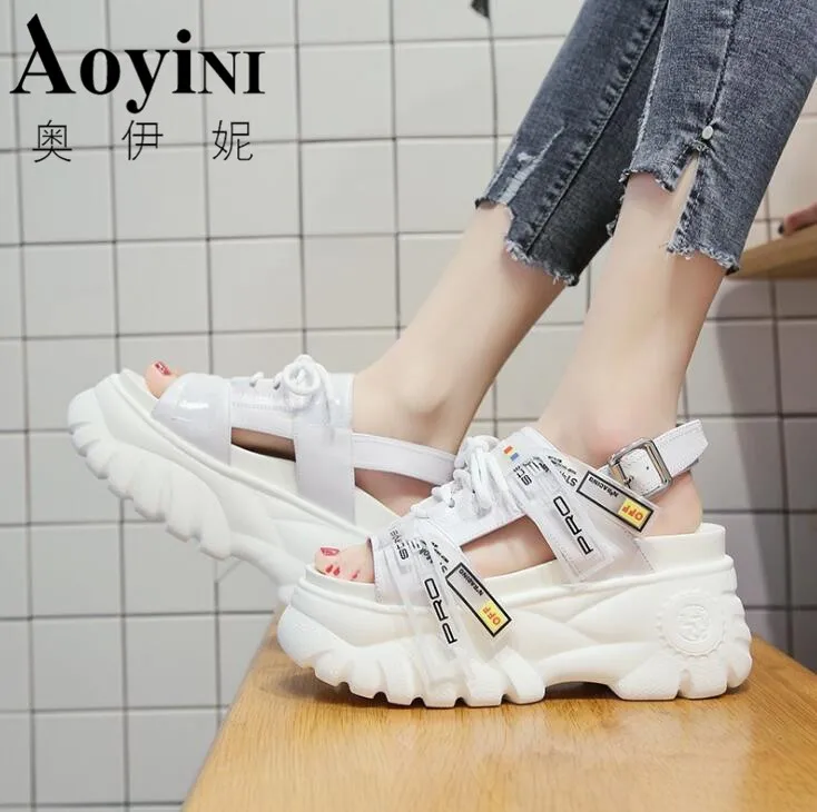 

2019 Summer Gladiator Platform Women's Sandals 8cm High Heels Women Chunky Beach Sandal Leather Comfortable Casual Woman Shoes