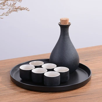 

Crude pottery antique wine set Japanese style wine set black ceramics household wine cup dispenser liquor pot tray barware