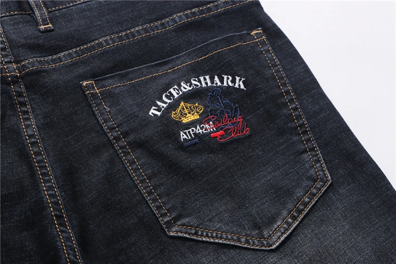 TACE& SHARK Брендовые мужские деловые джинсы Shark, мужские повседневные джинсовые штаны с акулой, модные черные джинсы с вышивкой, Классические мужские джинсы