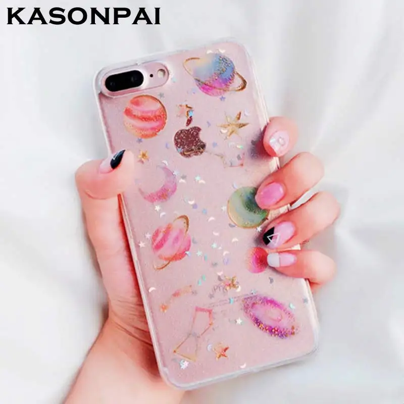 

KASONPAI Bling Glitter Phone Case For iphone X 8 Soft Case Luxury Cartoon Universe Series Starry Sky Moon For iphone 6 6s 7 Plus