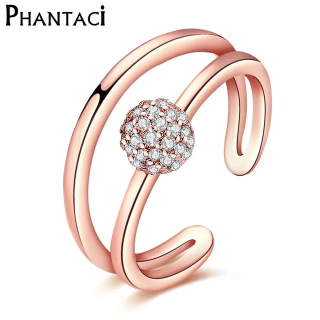 Women Open Geometric Wedding Ring Zircon Ball Rose Gold Color Filled Unique OL Rings For Ladies Bijoux Resizable