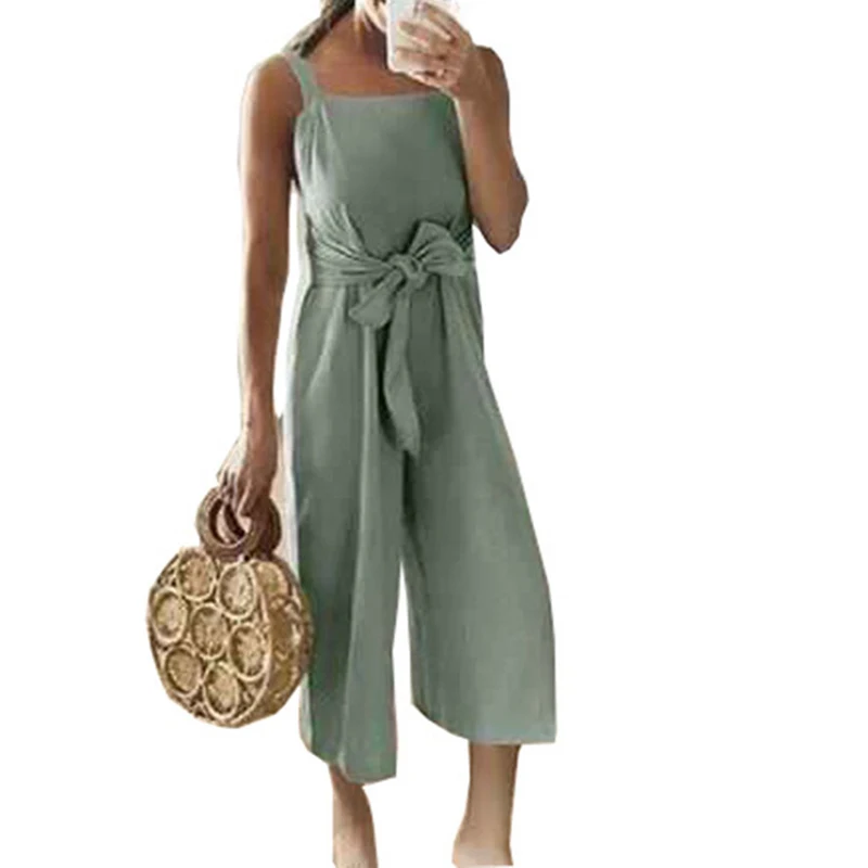 

Women Summer Beach Sexy Spaghetti Strap Cotton Linen Jumpsuits Ladies Casual Streetwear Slim Solid Wide Leg Jumpsuits SJ2911M