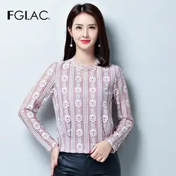 FGLAC blusas mujer de moda 2019 Новые Длинные рукава вышивкой Кружевная блуза элегантный тонкий выдалбливают Большие Размеры Женские топы и блузки