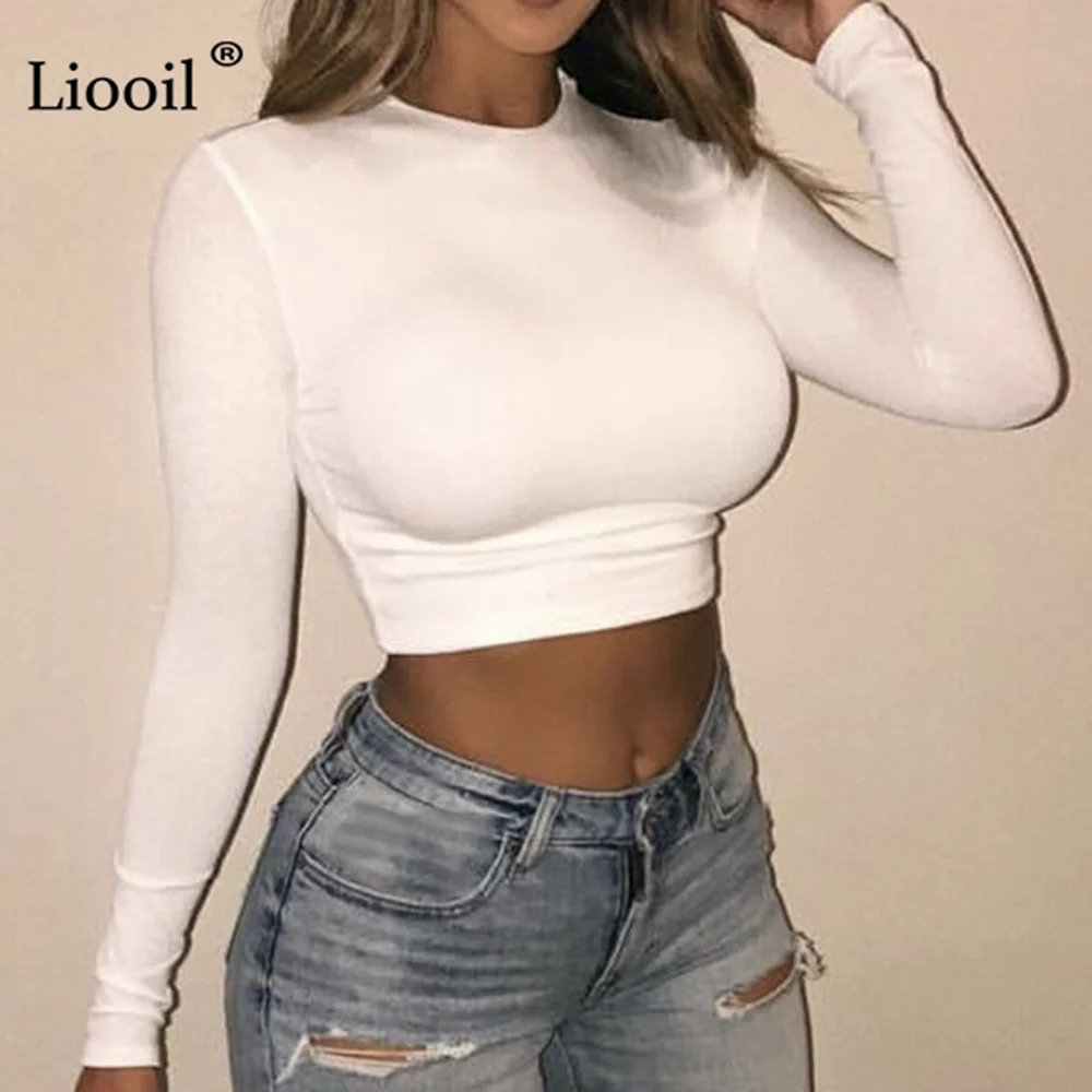 

Liooil Sexy T Shirts Tops Club Long Sleeve Shirt Women Fashion O Neck Bodycon Crop Top Womens Clothing Black White Party Top