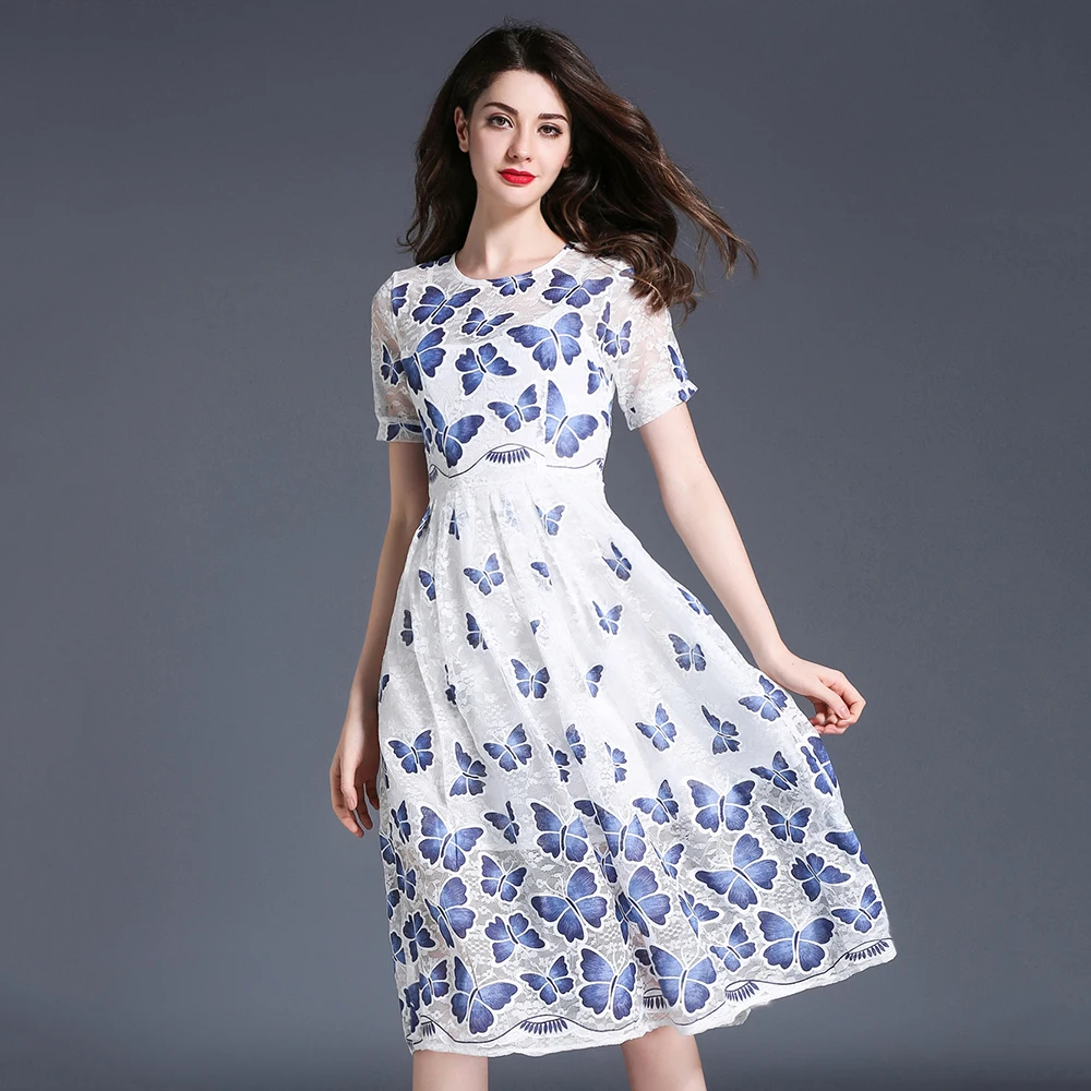 Women Lace Dresses Butterfly Pattern Print High Waist Vestido Mujer