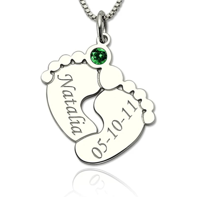 

StrollGirl 925 Silver personalized Baby Feet Necklace with Birthstone Custom Engraved Name&Date Pendant Necklace for Baby Gift
