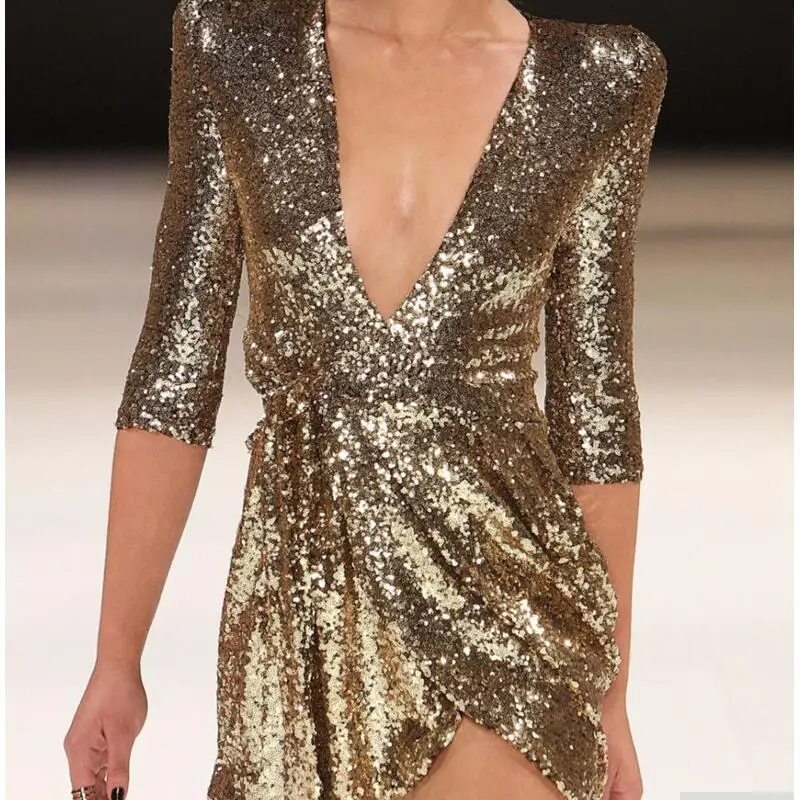 

Golden Black Shine Sequin Dress Women Deep V Neck Half Sleeve Glitter Mini Dresses Tied Belt Party Club Sexy Pleated Dress