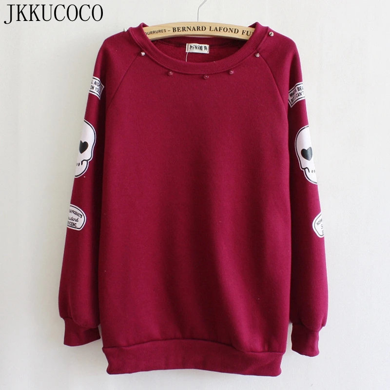 

JKKUCOCO 2018 winter new style big skull sleeve Rivet cotton hoodie women sweatshirts fleece warm hoodies 4 color free shipping