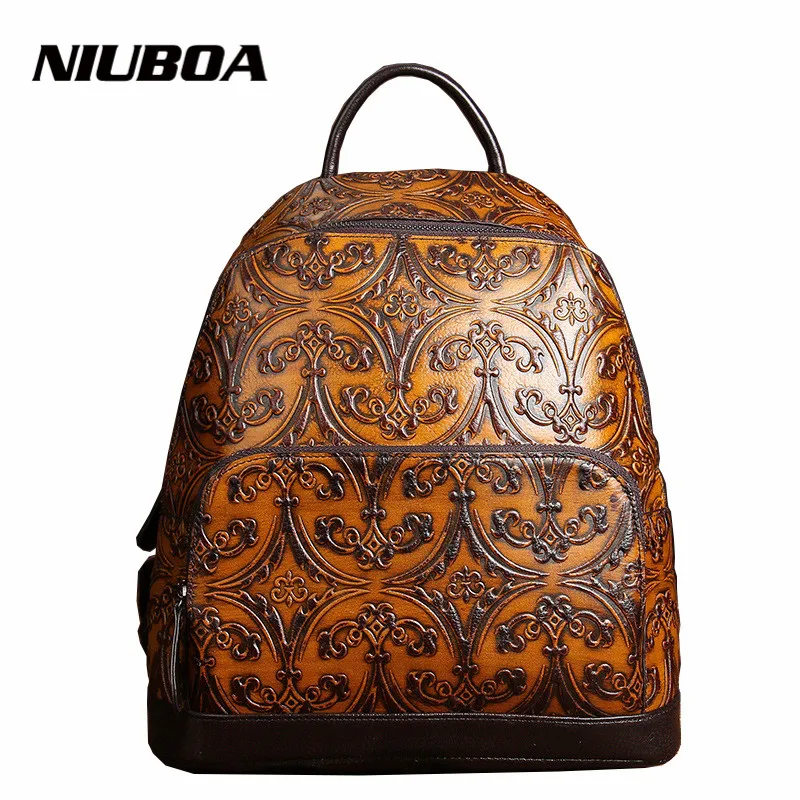 NIUBOA High Quality Genuine Leather Women Backpack Small Embossed Vintage School Backpack Fashion Shoulder Bags For