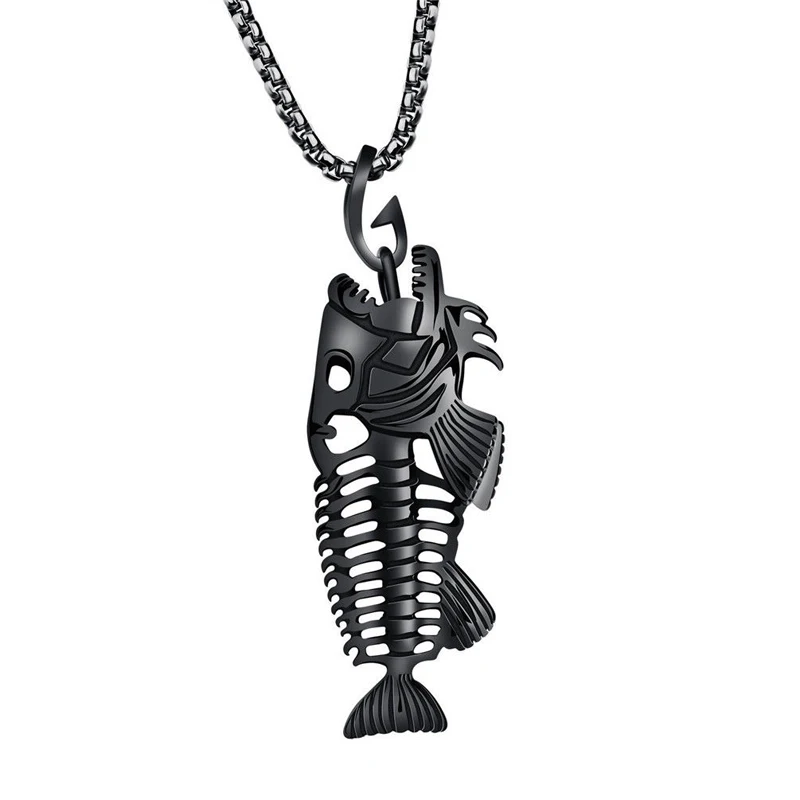 Charm Stainless Steel Hollow Fish Skeleton Bone Pendant Necklace 3 Colors