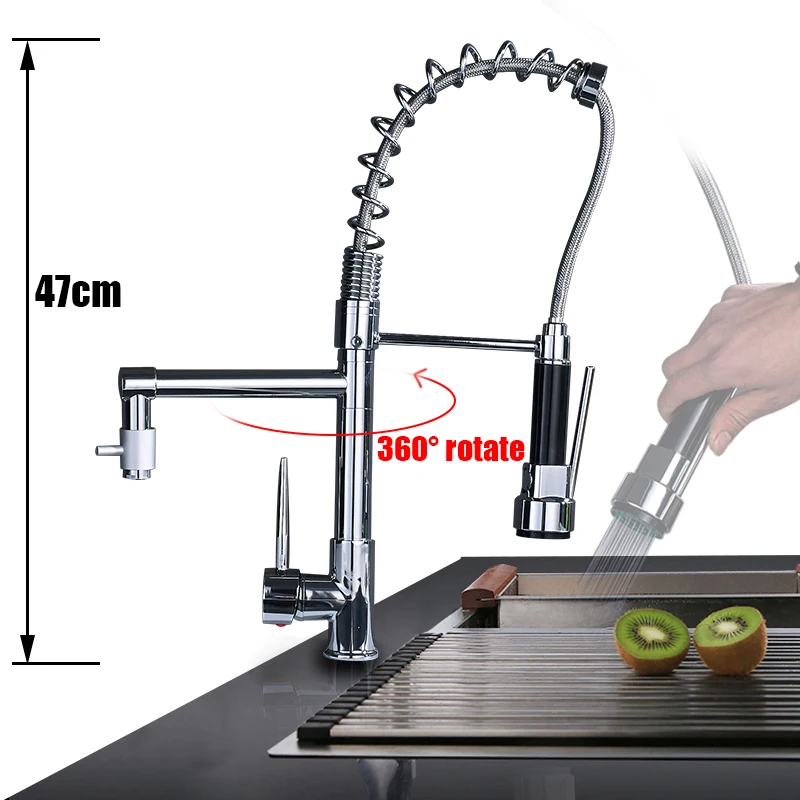 Хромированный кухонный кран с поворотом на 360 градусов, двойной распылитель, поворотный носик, кухонные смесители, пружинный выдвижной кран, смеситель для раковины