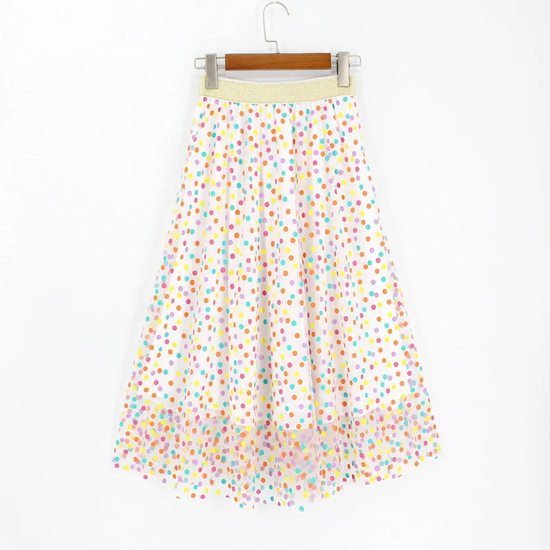 

Summer Women Skirts Rainbow Polka Dots Colorful Mesh Skirt High Waist Patchwork Mid Calf Street Style Tulle Skirts Jupe Femme