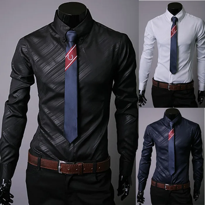 Vska Mens Buttoned Solid Autumn Long Sleeve Vogue Slim Thin Shirt