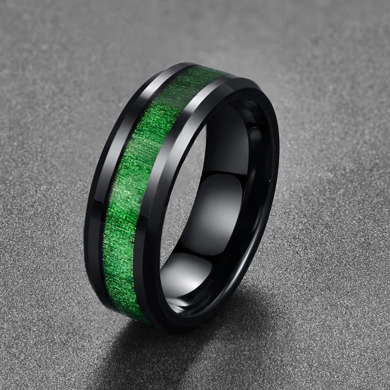Online Anillo de acero de tungsteno negro de arce con incrustaciones de línea verde para hombres Vintage de 2018