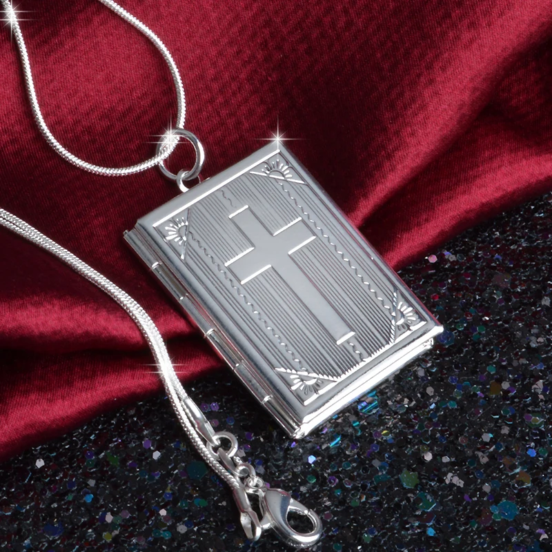 New Lower Price 925 Sterling Silver Square Shape Carve Cross Locket Photo Pendant Necklace Lovers Charms Gift El Collar Jewelry | Украшения