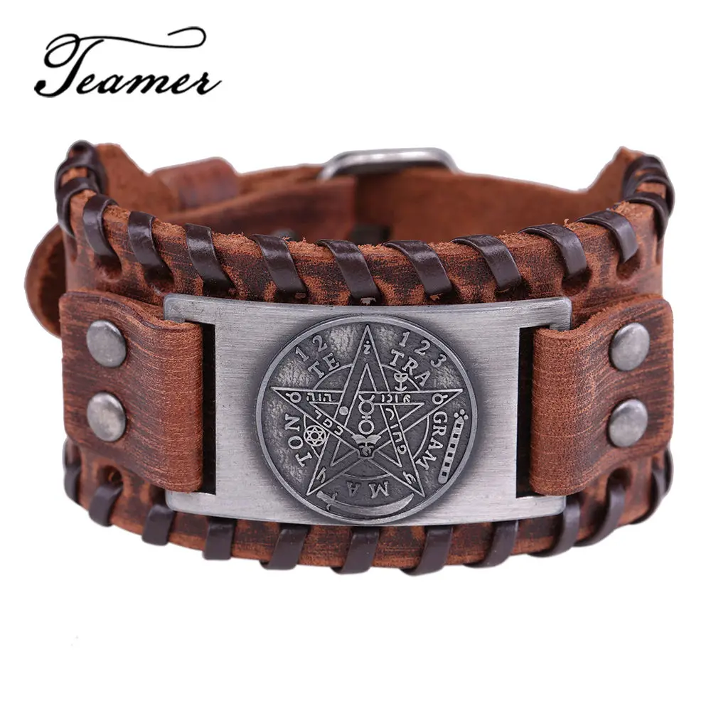 

Teamer Pentagram Rune Amulet Bracelets for Men Vintage Antique Silver Copper Adjustable Braid Wide Leather Wrap Bracelet