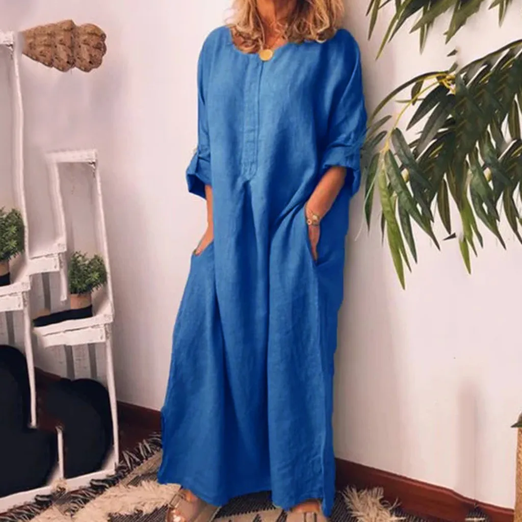 

Dress Women Casual Long Sleeve Solid O-Neck Dresses Summer Cotton Loose Maxi Dress With Pockets Vestidos Robe Femme D717