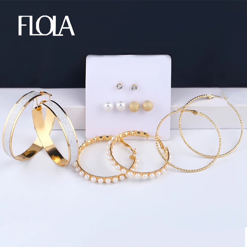 

FLOLA 6 Pairs/set Large Simulated Pearl Hoop Earrings Set Gold Earrings Stud Mixed Statement Party Jewelry brincos ersq45