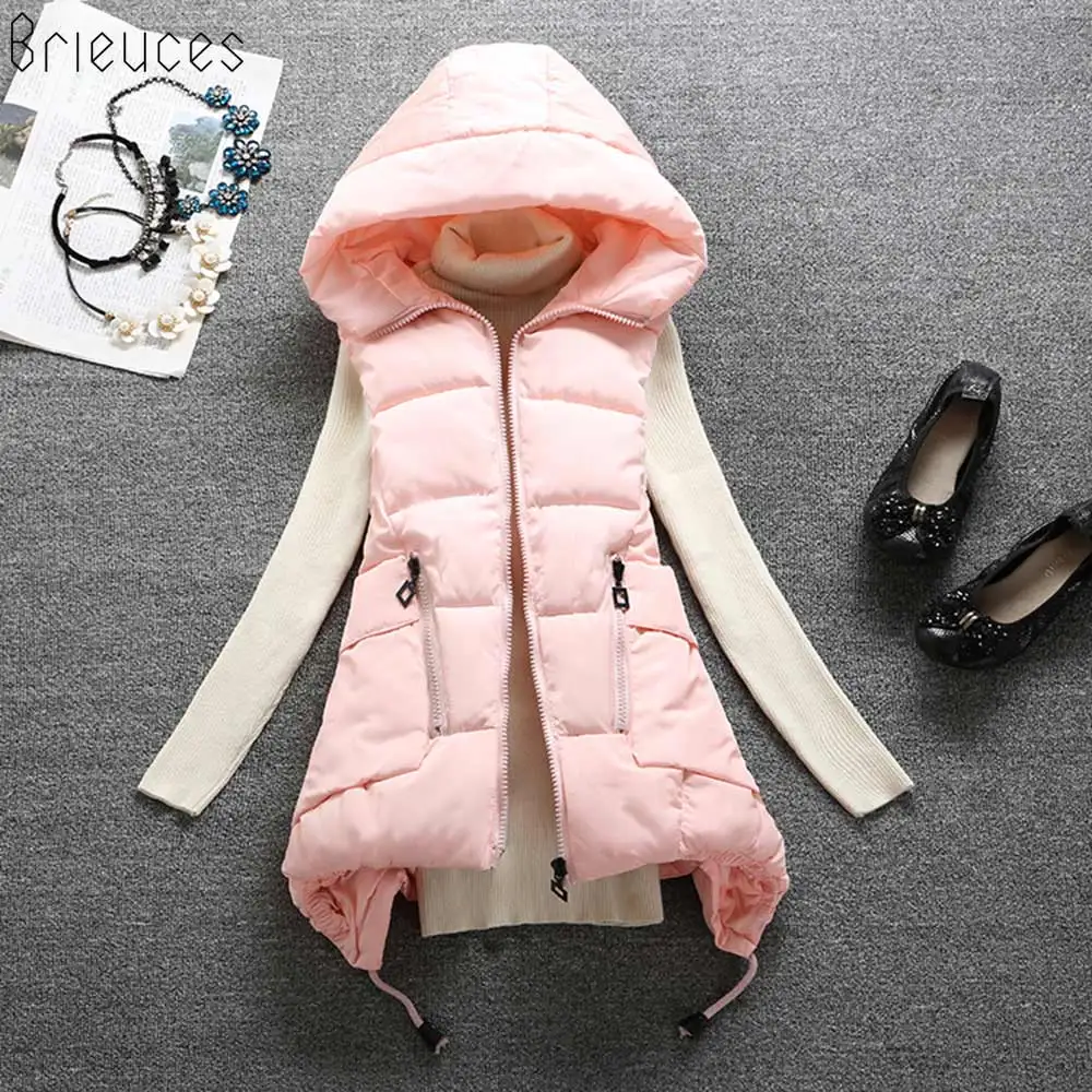 Brieuces 2018 New Winter Vest women Casual Autumn Winter Sleeveless Waistcoat Hooded Long Warm Cotton Padded Top Vest Jacket