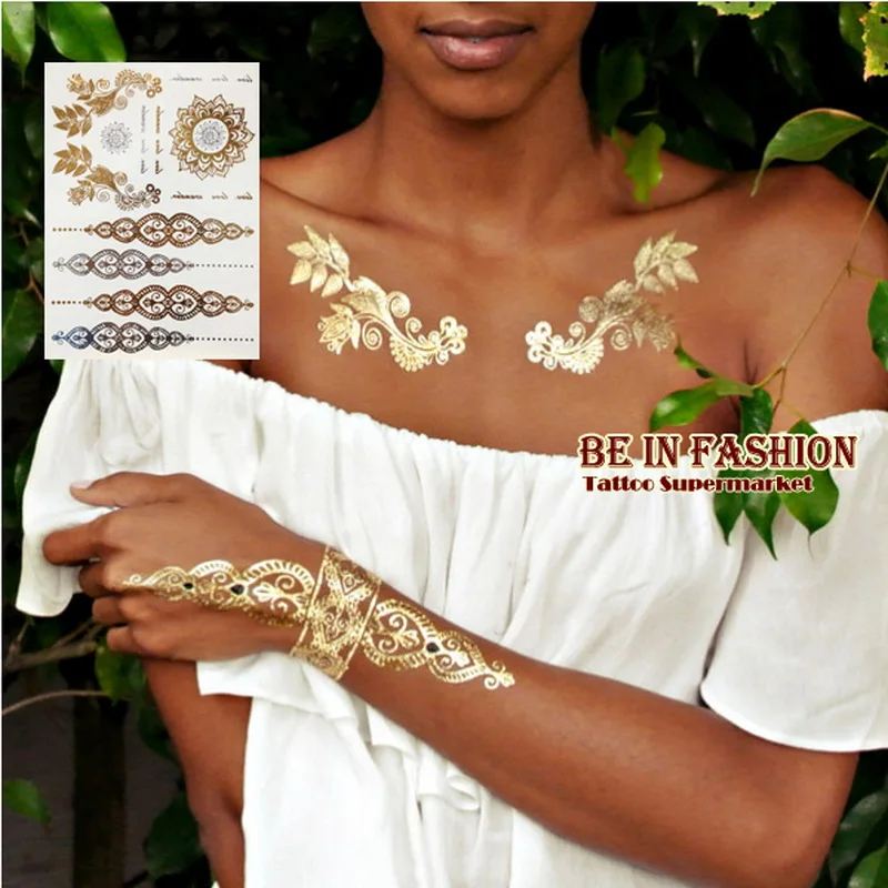 

1pc Temporary Tattoo Metal Tribal flash henna Gold and silver Tattoos Jewelry Choker tattoo tatouage metallic sticker body hand