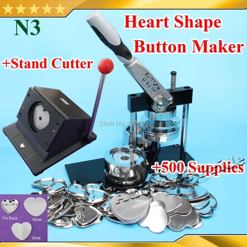 Free Shipping N3 Heart Shape 57x52mm Badge Button Maker Machine + Mould + Stand Cutter +500 Sets Metal Pinback Supplies
