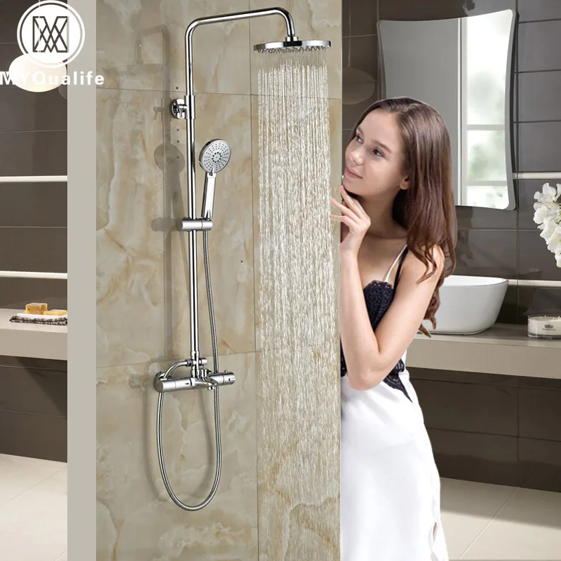 

Good Quality Bath Shower Faucet Dual Handle Thermostatic Shower Set Rainfall Shower Head Shower Mixer Kit with Handshower