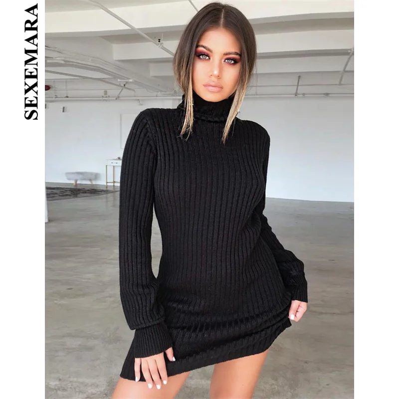 

BOOFEENAA Lantern Long Sleeve Turtleneck Mini Sweater Dress Fashion Sexy Knitted Bodycon Dresses 2019 Fall Winter C55-AC23