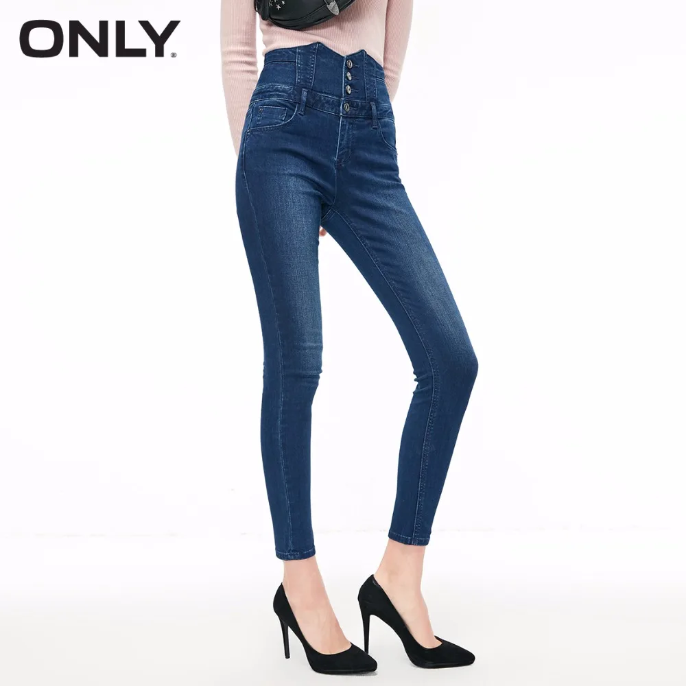 Только женские зимние новые с высокой талией простые обтягивающие джинсы с несколькими пуговицами на молнии fly waist stitching design | 118432522