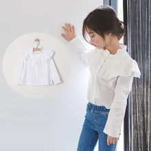 Блузка с оборками для маленьких девочек-подростков, рубашка с длинными рукавами, хлопок, белая весенне-осенняя школьная блузка, модная детская одежда